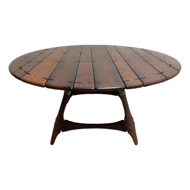 1980s Brazilian Hardwood lashed planks Dining Room Pedestal Table arts crafts mcm For Sale