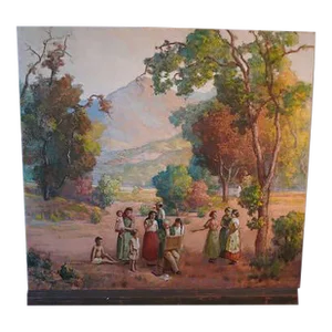 Abraham Jacob Richard - the Artist Being Watched While He Paints a Pastoral Scene - Mixed Media on Masonite 1952