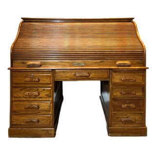 Antique Oak Roll Top Filing Desk with Tambour Shutter For Sale