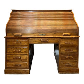 Antique Oak Roll Top Filing Desk with Tambour Shutter For Sale