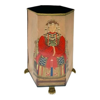 Late 20th Century Waste Bin With Empress Design Chinoiserie Footed Container Vintage Oriental Decor For Sale