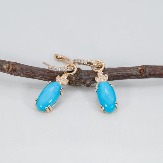 2020s Convertible Sleeping Beauty Turquoise & Diamond Earrings: Solid 14k Gold, 12x6mm, Pair For Sale - Image 5 of 7