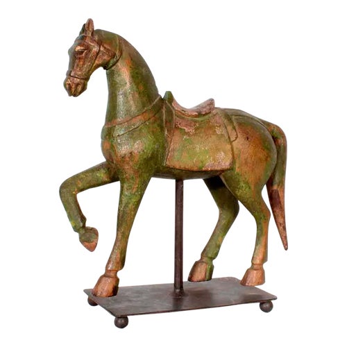 Carved and Painted Green Horse on an Iron Base