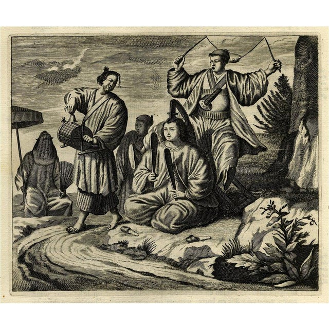 Montanus, Japanese Musicians Playing Native Music Instruments, 1669, Engraving For Sale