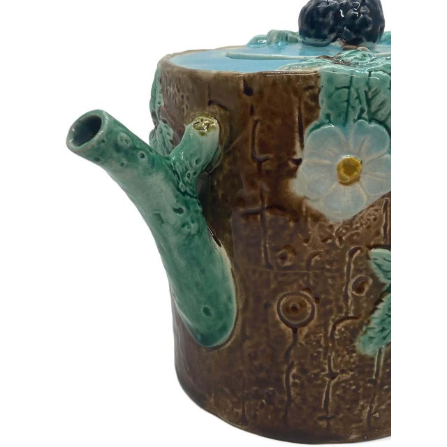 Ceramic Holdcroft Majolica Blackberry on Tree Trunk Teapot, Turquoise Blue Cover C. 1877 For Sale - Image 7 of 13