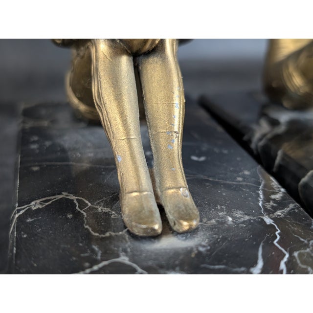 1920's Art Deco Hirsch Pixie Girl Bookend Pair Painted Bronze on Marble For Sale In New York - Image 6 of 10