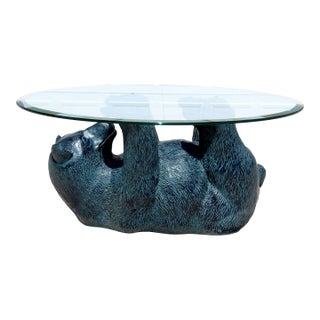 Vintage Rustic Black Bear Glass Coffee Table – Sculptural Wildlife Cocktail Table, Circa 1970s For Sale