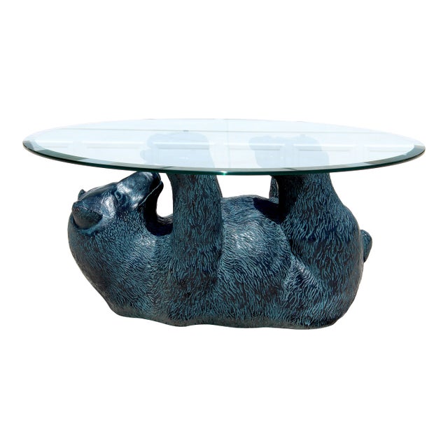 Vintage Rustic Black Bear Glass Coffee Table – Sculptural Wildlife Cocktail Table, Circa 1970s For Sale