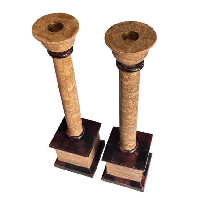 Maitland - Smith Late 20th Century Neoclassical Travertine Candlestick Holders, Pair For Sale - Image 4 of 9