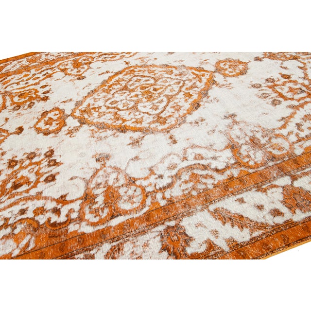 Textile Overdyed Antique Orange Wool Rug With Medallion Motif For Sale - Image 7 of 11