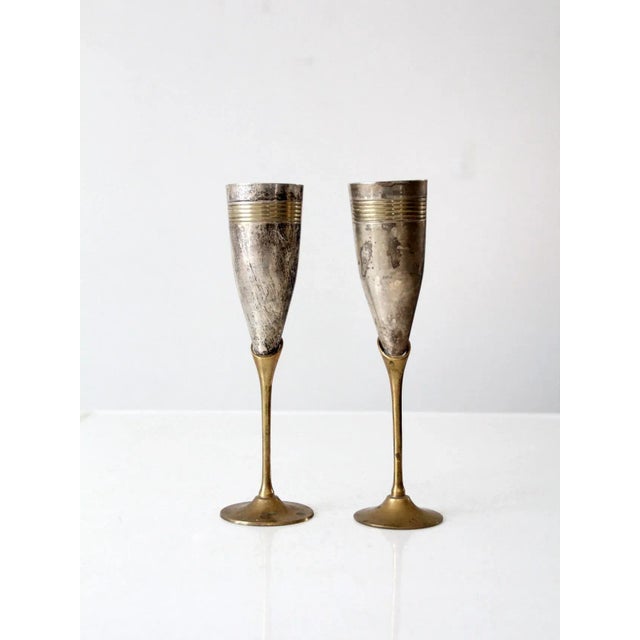 Vintage Brass & Silver Plated Champagne Flutes Pair For Sale - Image 6 of 11