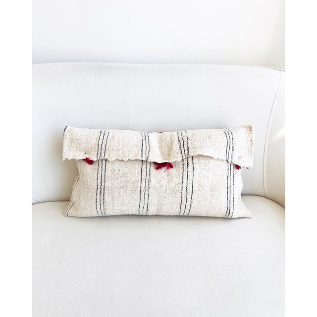 2020s Chamula White With Gray Stripes Red PomPom Throw Pillow Handmade From 100% Wool For Sale - Image 5 of 5