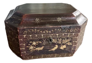 19th-Century Chinese Export Lacquer Tea Caddy Box With Gilt and Painted Figural Cartouches