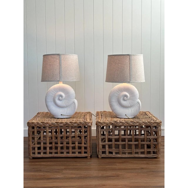 1980s 1980s Coastal Vintage Seashell Table Lamps With Linen Shades - a Pair For Sale - Image 5 of 12