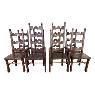 Set of 8 Spanish Colonial Revival Carved Wood Dining Chairs, Mid-20th Century For Sale