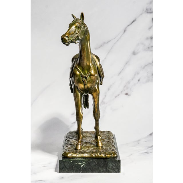 Green Stately Large Equestrian Antique Saddled Horse Statue Sculpture Cast Metal Marble Base Country Home Decor For Sale - Image 8 of 16