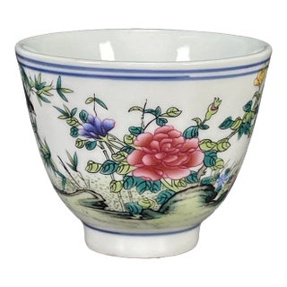 Vintage Wucai Porcelain Teacup – Bird, Bamboo & Peony Motif, Qianlong Mark For Sale