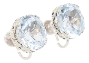 Art Deco 14k White Gold Filigree & Light Blue Spinel Screwback Earrings