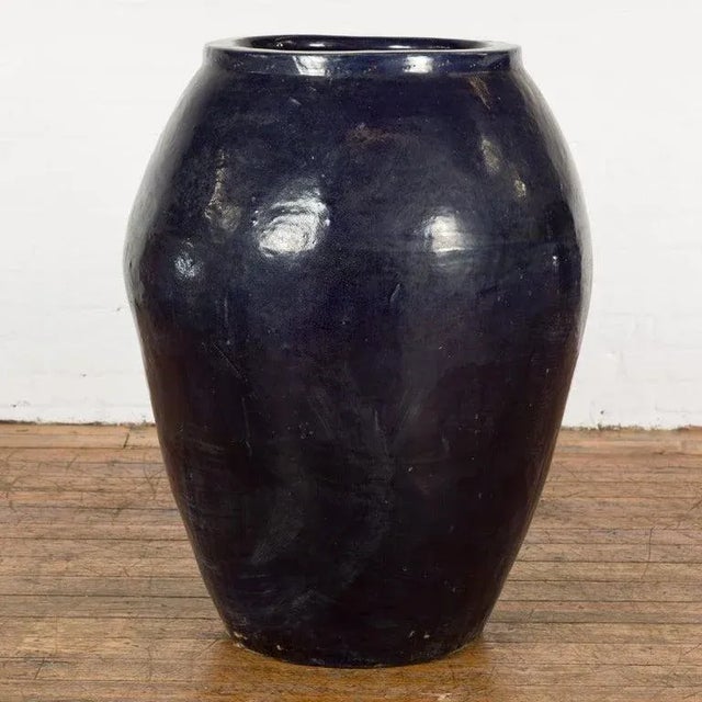 Vintage Oversized Thai Midnight Blue Glazed Water Vessel with Tapering Lines For Sale In New York - Image 6 of 13
