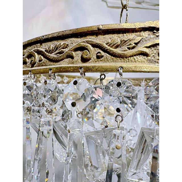 1960s 1950s Basket Brass Chandelier With Crystal Chain and Prisma For Sale - Image 5 of 10