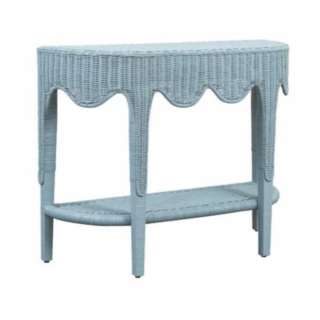 Traditional Matthew Izzo Home Paloma Light Blue Rattan Demi Luna Console Table For Sale - Image 3 of 9