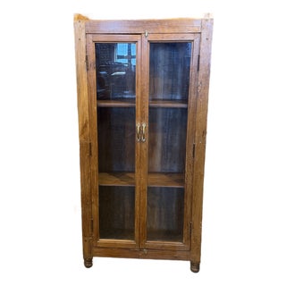 1980s Golden Oak Glass Door Cabinet & Bookcase For Sale