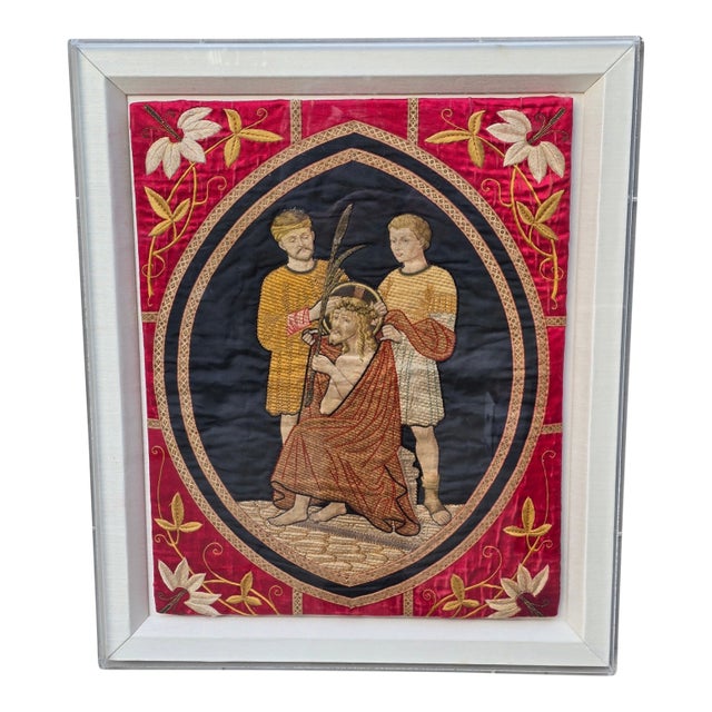 Embroidered Silk Panel of the Flagellation of Christ For Sale