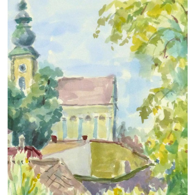 Picturesque landscape watercolor painting of a bird's eye view of a charming rural town by artist Wilhelm Kloden, circa...