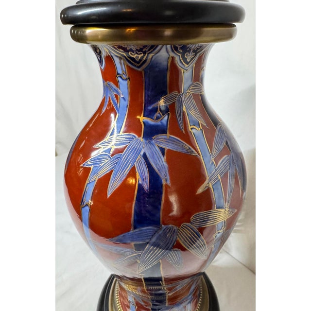 Brick Red Mid 20th Century Paul Hanson Bamboo Painted Porcelain Chinoiserie Lamp Brick Red Blue Gold For Sale - Image 8 of 12