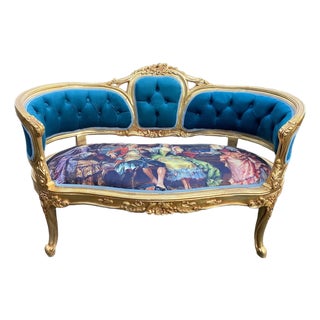 1980 French Louis XVI Blue Velvet Gilt Beech Settee For Sale