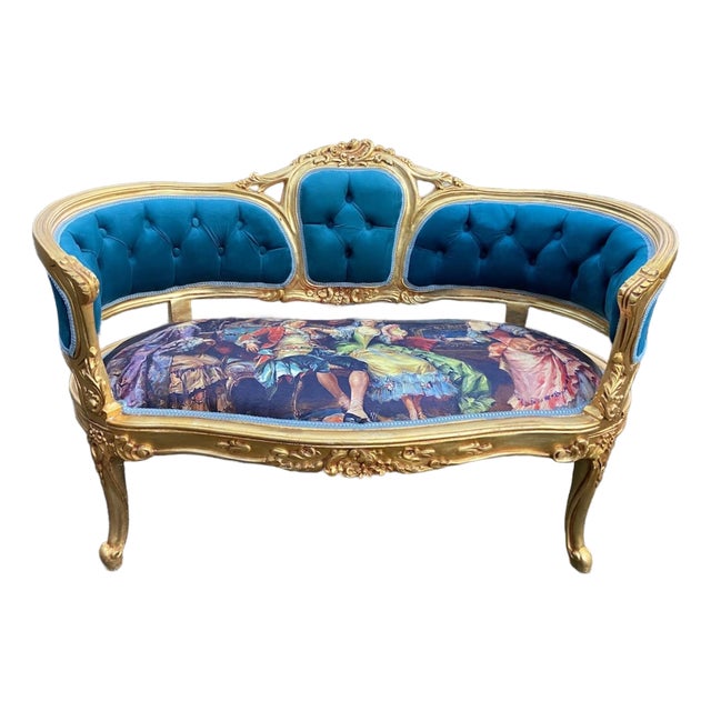 1980 French Louis XVI Blue Velvet Gilt Beech Settee For Sale