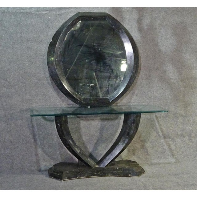 Mid-Century Modern tessellated console featuring a glass top, and a mirror to complete this set. (Please confirm item...