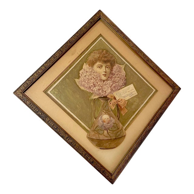 Antique 1800's Victorian Original Mixed Media Figural Lady Vase Painting Pinup For Sale