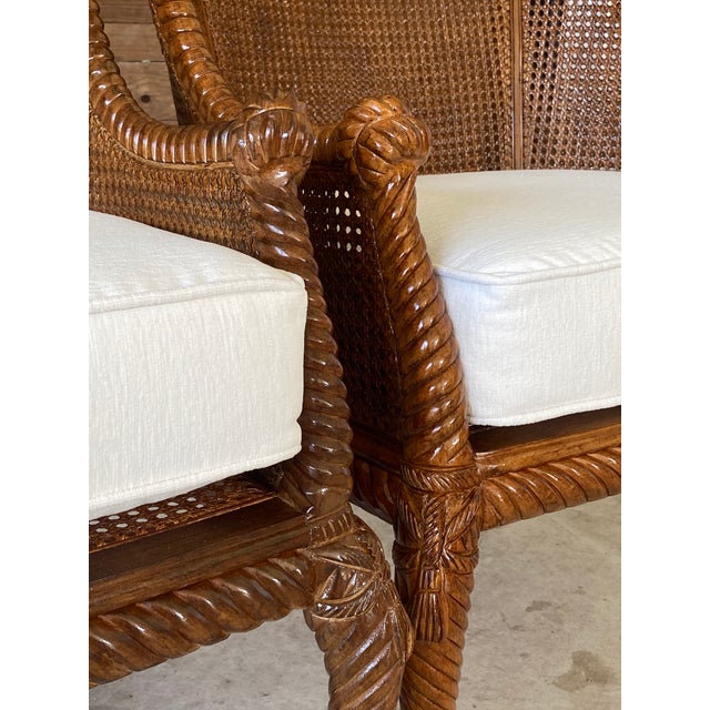 Pair of Rope Tassel Double Caned Carved Wood Wingback Chairs Chairish
