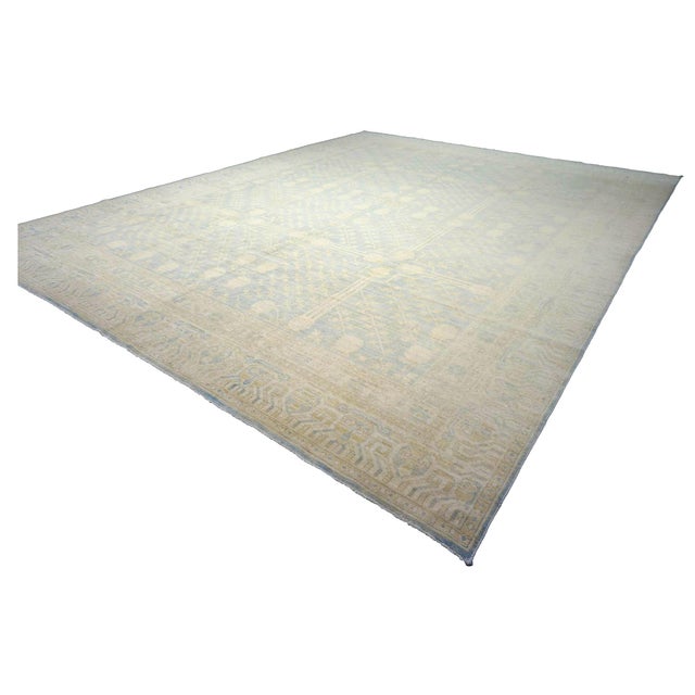 Islamic Afghan Khotan Wool 11X14 Ivory & Blue Handmade Area Rug #1142201 For Sale - Image 3 of 8