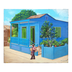 Felix Cordero, Puerto Rican Artist "Casa Azul De Esquina", Acrylic Painting