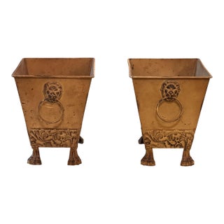 Pair of Tole Planters With Lion Mask Handles For Sale