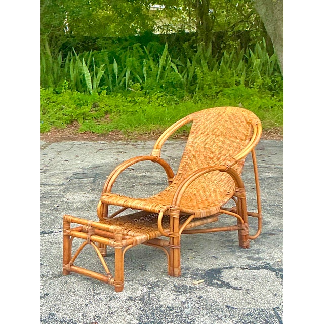 Vintage Coastal Woven Rattan Lounge Chair With Extending Foot Rest For Sale - Image 4 of 8