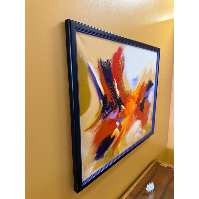 Terrific Mid Century Oil on Canvas Abstract signed by Artist Anita. Fabulous colors! Newly professionally framed in black...