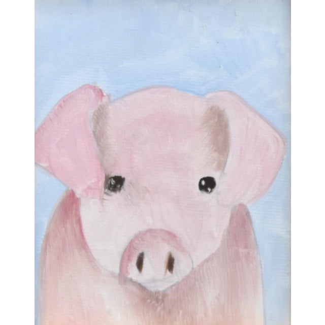 Farmhouse Folk Art Farmhouse Pink Pig Piggy Oil Painting Including the Antiqued Gold Wood Frame For Sale - Image 3 of 5