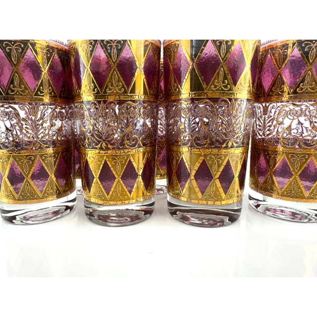 Mid-Century Modern Mid Century West Virginia Glass Company Pink Highball, Regal Amethyst & 22k Gold Harlequin Motif- Set of 7 For Sale - Image 3 of 9