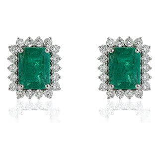 4.39ct Zambian Emerald Solitaire Stud Earrings With Diamonds in 14k Solid Gold- A Pair For Sale