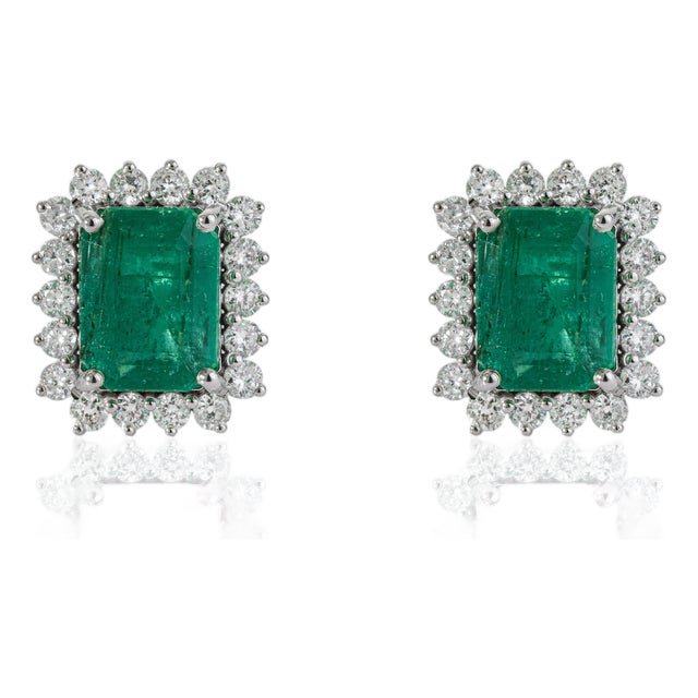 4.39ct Zambian Emerald Solitaire Stud Earrings With Diamonds in 14k Solid Gold- A Pair For Sale