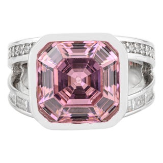 Stunning Pink Zirconia Asscher Cut Solitaire Ring in Ottoman Design for Unisex- Size 8 For Sale