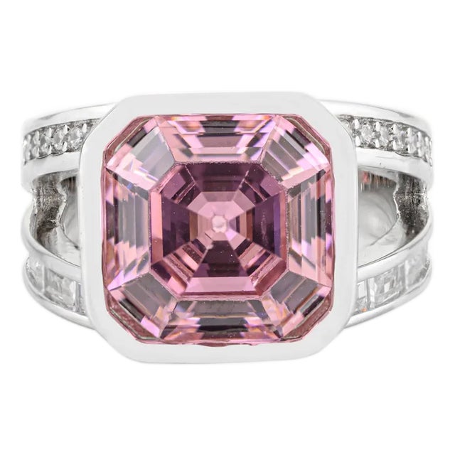 Stunning Pink Zirconia Asscher Cut Solitaire Ring in Ottoman Design for Unisex- Size 8 For Sale