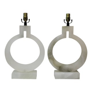 Pair of Circular Alabaster Table Lamps For Sale