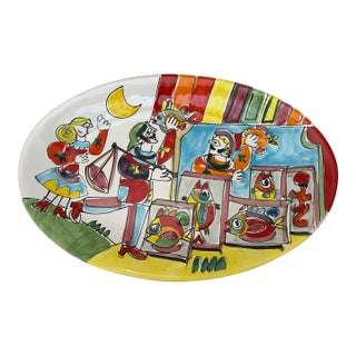 Vintage Italian Terracotta Art Pottery La Musa Desimone Saks Fifth Avenue Hand Painted Fish Market Oval Serving Platter For Sale