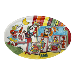 Vintage Italian Terracotta Art Pottery La Musa Desimone Saks Fifth Avenue Hand Painted Fish Market Oval Serving Platter