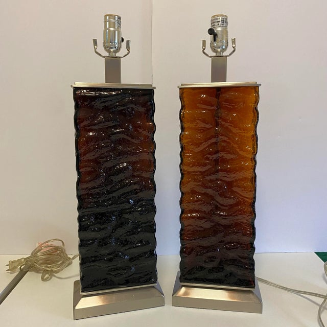 Amber-Brown Textured Wavy Glass Table Lamps in the Mid-Century Modern Taste - A Pair For Sale - Image 12 of 12