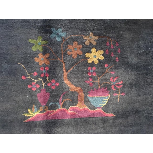 1920s Blue Navy Floral Modern Antique Chinese Art Deco Rug 8'2" X 9'6" Handknotted Wool Carpet For Sale - Image 4 of 5
